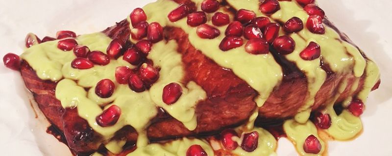 Pomegranate Lime Glazed Salmon with Avocado Crema